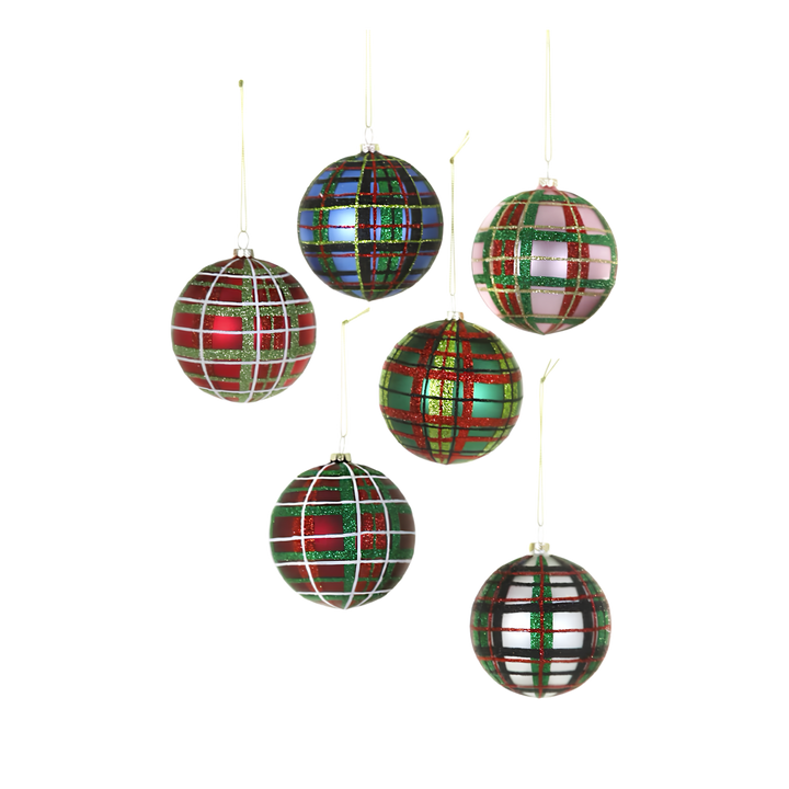Cody Foster Mad for Plaid ornaments from Mood by DMJ, round glass Christmas ornaments with glittered tartan in red, blue, pink, green, and white