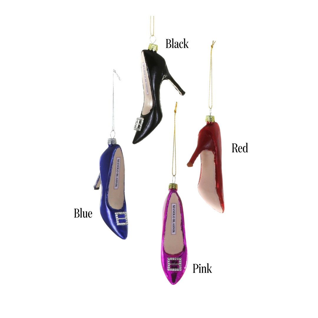 Cody Foster Manolo heel ornament color options labeled, black, red, blue, and pink glass stilettos