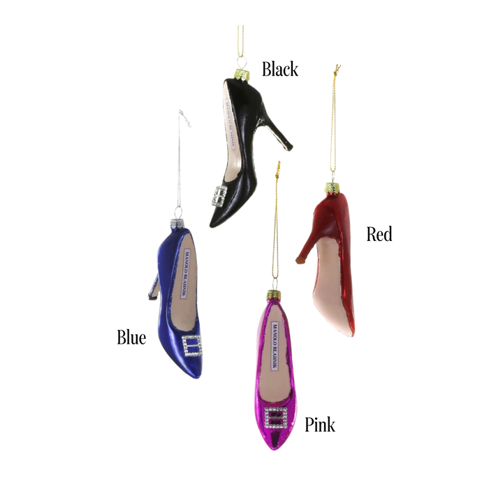 Cody Foster Manolo heel ornament color options labeled, black, red, blue, and pink glass stilettos