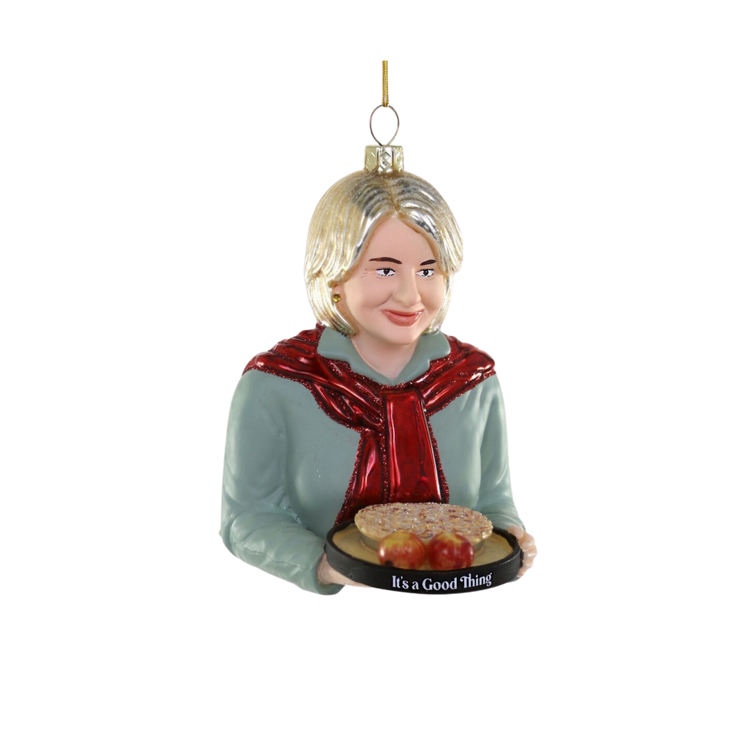 Cody Foster Merry Martha glass Christmas ornament, Martha Stewart bust in a sage sweater and red scarf holding a pie