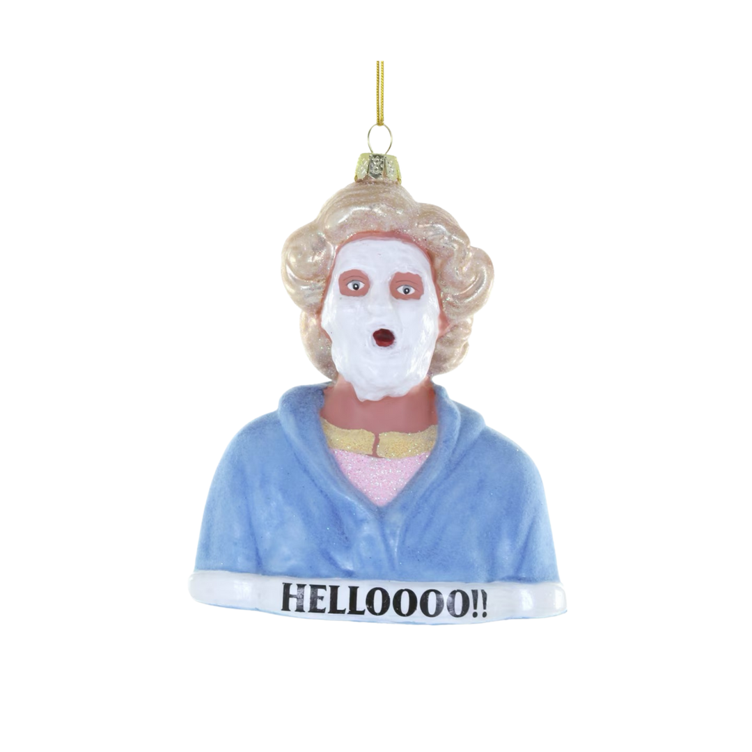 Cody Foster Mrs. Doubtfire glass Christmas ornament with whipped cream face, blue robe, and Helloooo banner