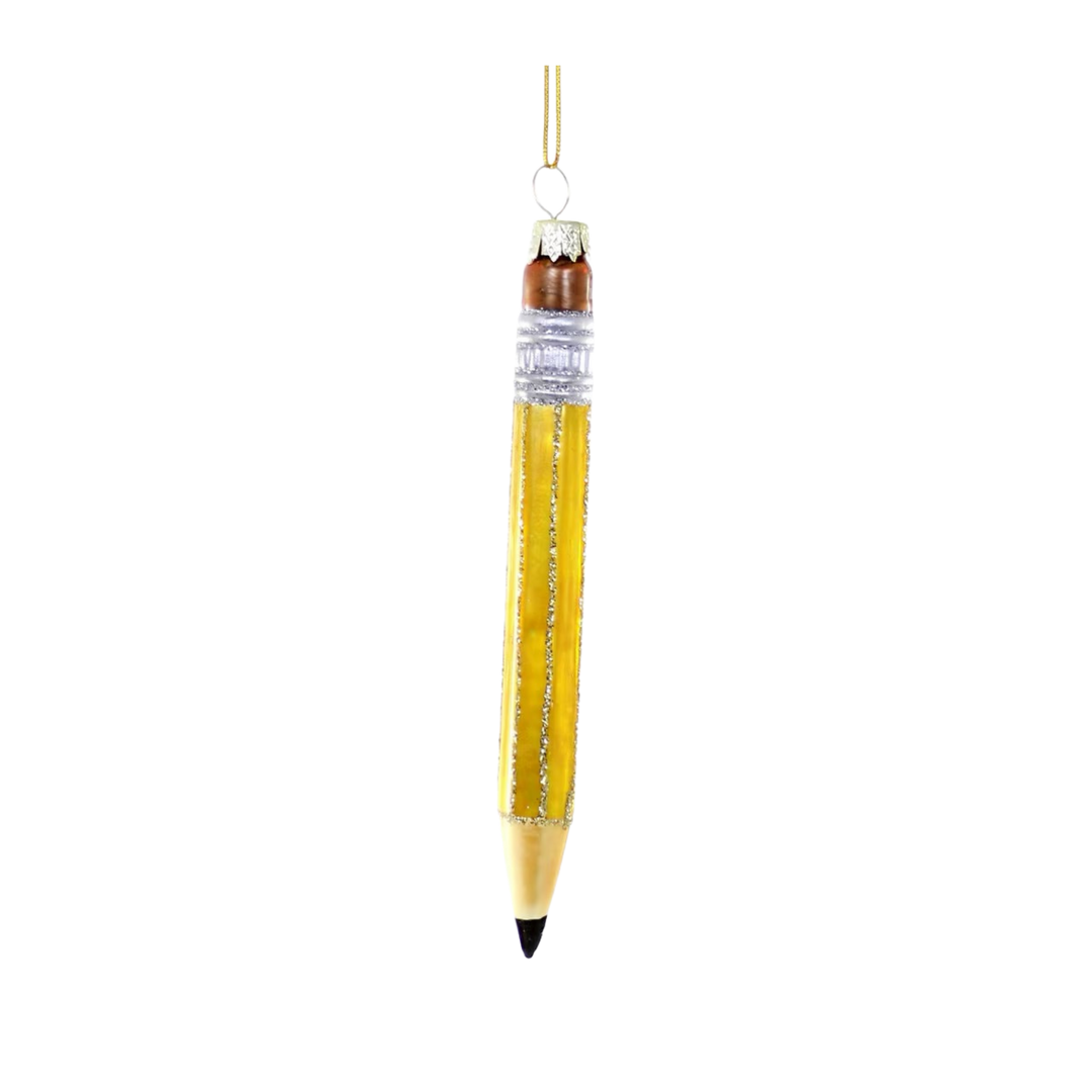 Cody Foster No.1 Teacher pencil Christmas ornament from Mood by DMJ, yellow glass pencil with glitter detail, silver band, eraser top, and