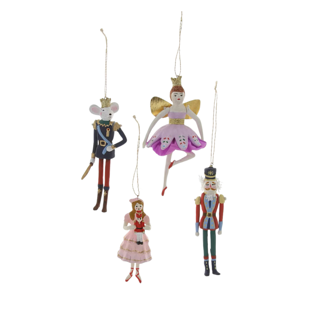 Cody Foster Nutcracker ornament set from Mood by DMJ, hand-painted Nutcracker, Clara, Sugar Plum Fairy and Mouse King Christmas ornaments