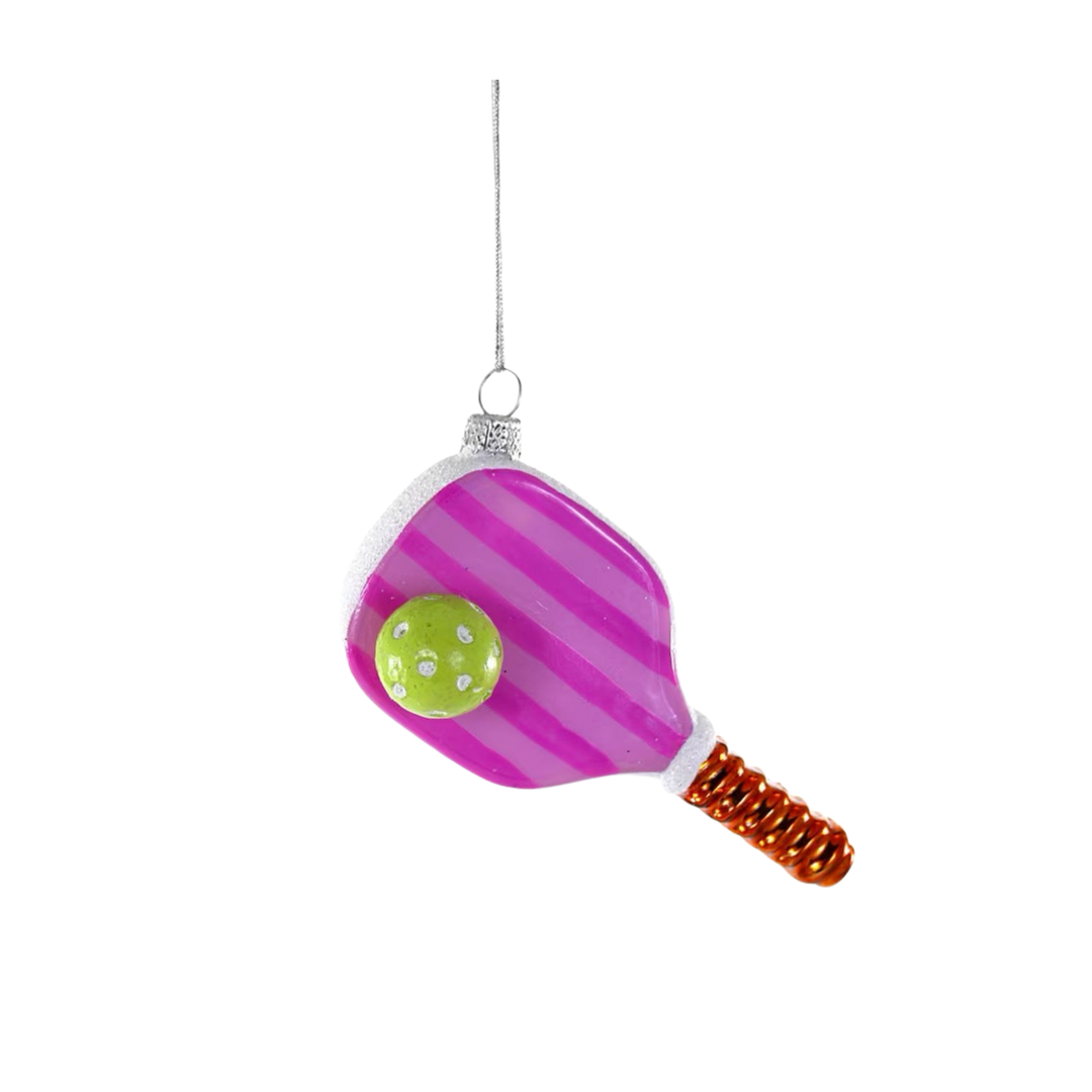 Cody Foster pink striped glass pickleball paddle Christmas ornament with lime green ball and orange wrapped handle