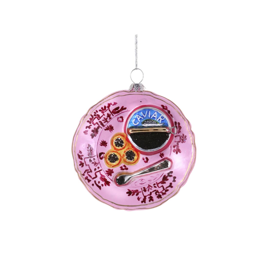 Plated Caviar Ornament by Cody Foster, cody Foster pink glass plate Christmas ornament with caviar tin, caviar-topped blinis, and silver