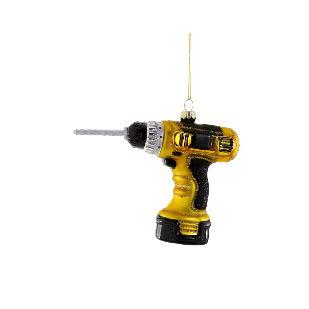 Cody Foster power drill glass Christmas ornament, yellow and black cordless drill with silver bit and gold hanger