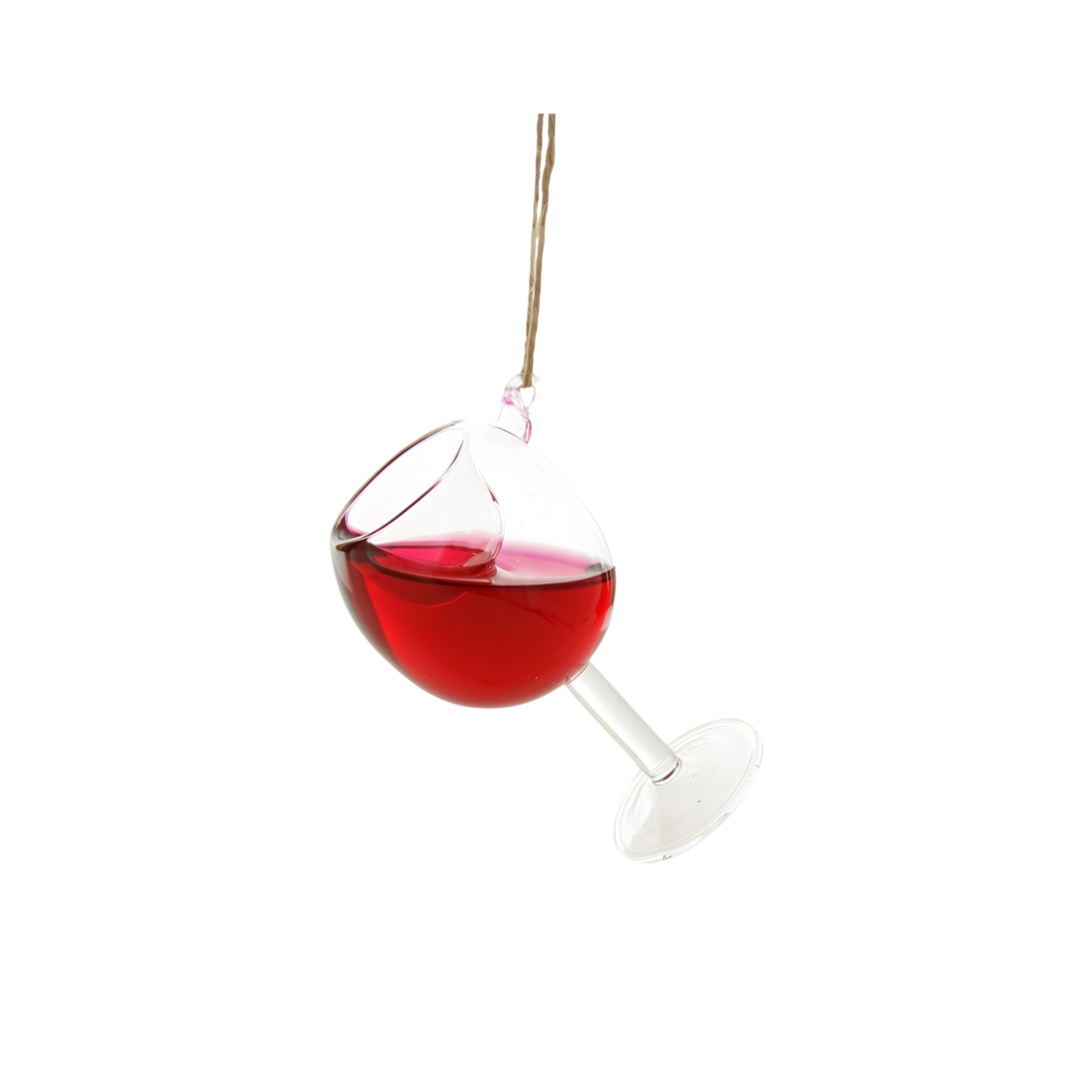 Cody Foster red wine Christmas ornament from Mood by DMJ, clear glass stemmed wine glass filled with deep red wine and a gold cord hanger