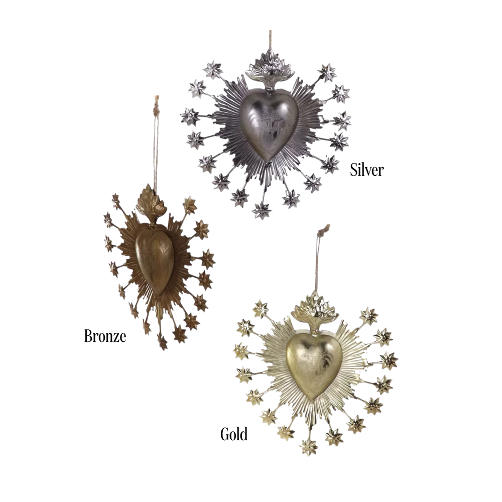 Cody Foster sacred heart ornament finish options labeled, silver, bronze, and gold milagro hearts