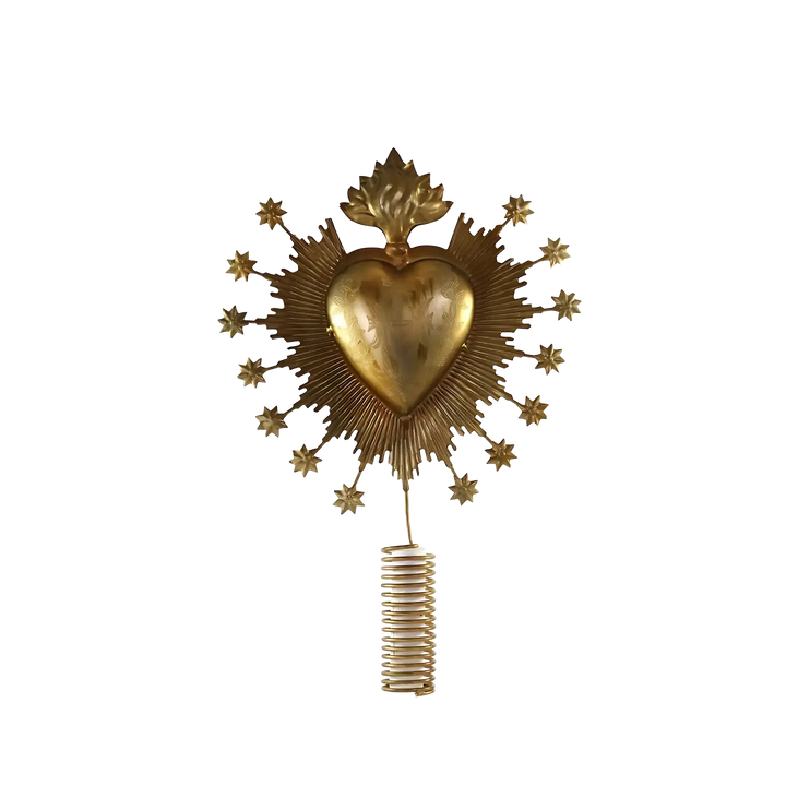 Cody Foster Sacred Heart Tree Topper in gold from Mood by DMJ, a milagro-inspired Christmas tree topper with starburst and glitter details