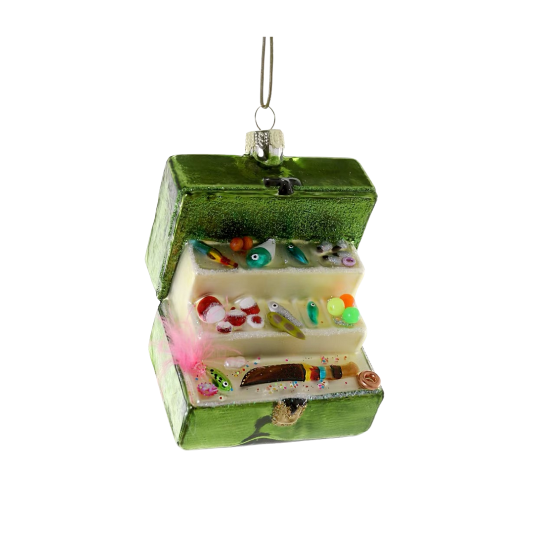 Cody Foster tackle box glass Christmas ornament, open green fishing tackle box filled with colorful lures and bobbers