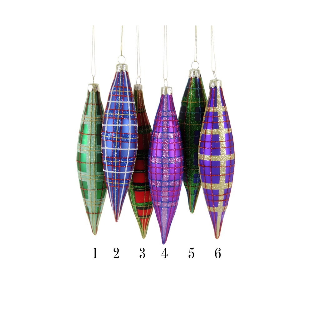 Cody Foster tartan spindle ornaments from Mood by DMJ, slender glass Christmas ornaments with glittered plaid in emerald, blue, red, and violet, view 2