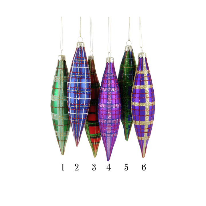 Cody Foster tartan spindle ornaments from Mood by DMJ, slender glass Christmas ornaments with glittered plaid in emerald, blue, red, and violet, view 2