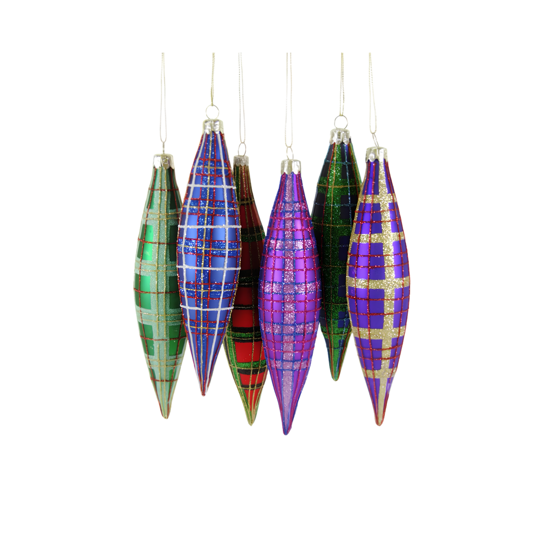 Cody Foster tartan spindle ornaments from Mood by DMJ, slender glass Christmas ornaments with glittered plaid in emerald, blue, red, and violet