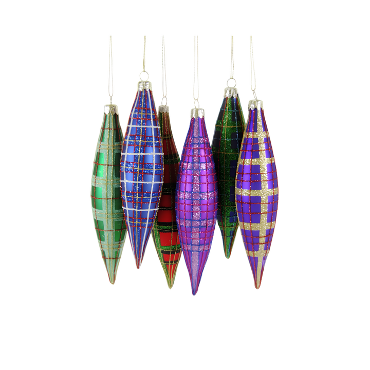 Cody Foster tartan spindle ornaments from Mood by DMJ, slender glass Christmas ornaments with glittered plaid in emerald, blue, red, and violet