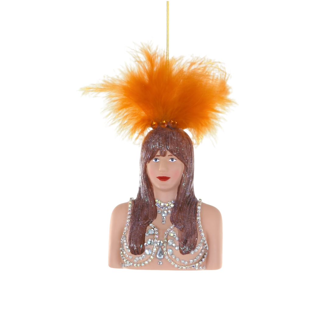 Cody Foster Taylor Swift showgirl glass Christmas ornament with orange feather headdress, glittered brown hair, and rhinestone bodice