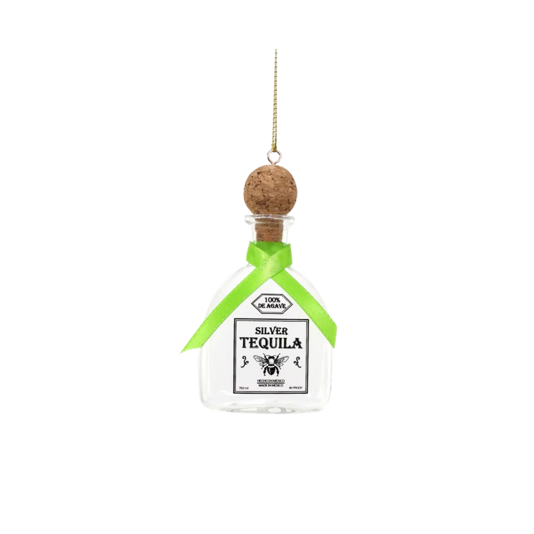 Cody Foster tequila glass Christmas ornament, clear silver tequila bottle with cork stopper and lime green bow