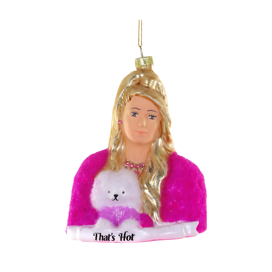 Cody Foster That’s Hot ornament from Mood by DMJ, cheeky holiday decoration inspired by Paris Hilton catchphrase, pop culture Christmas