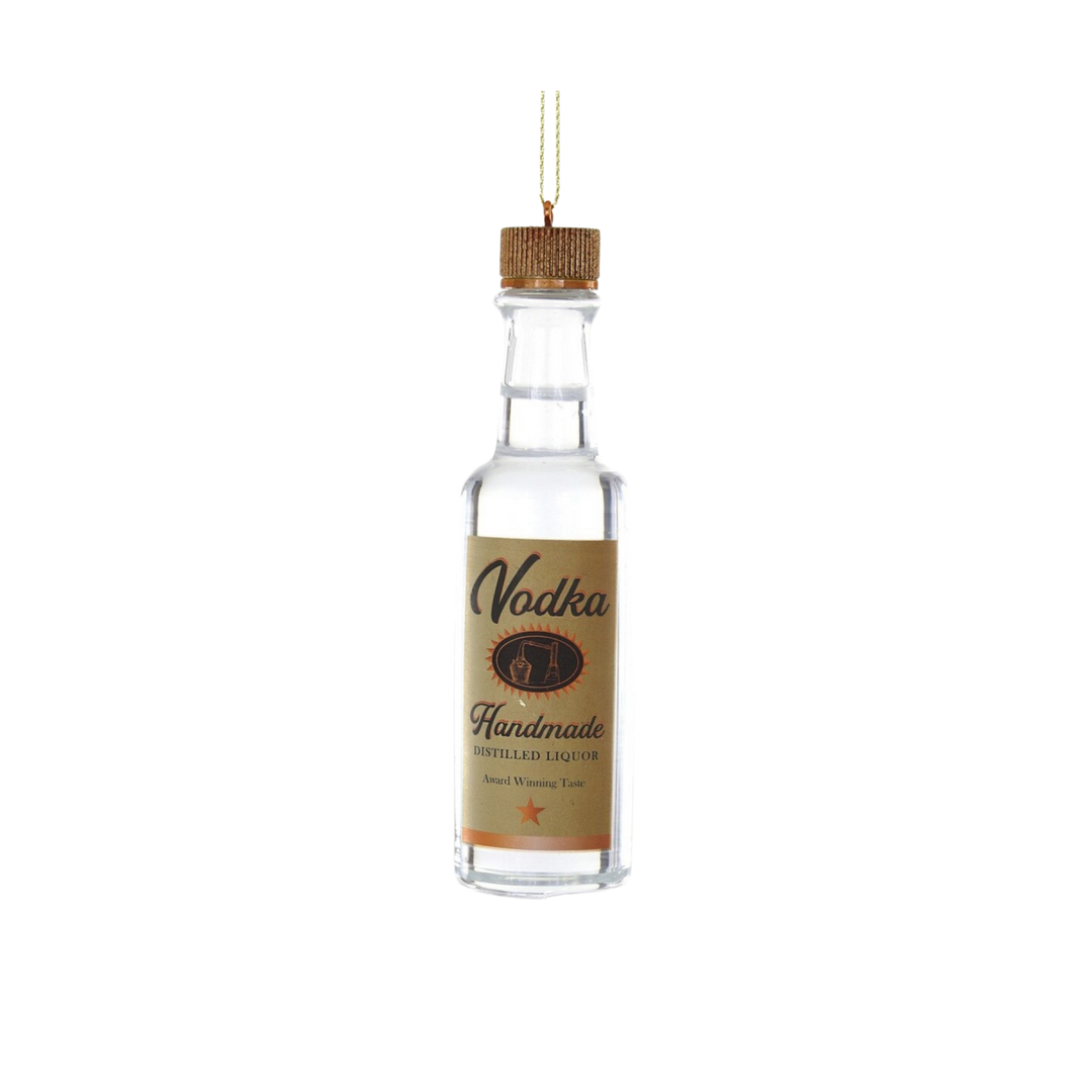 Cody Foster clear glass vodka bottle Christmas ornament with copper cap and vintage-style label
