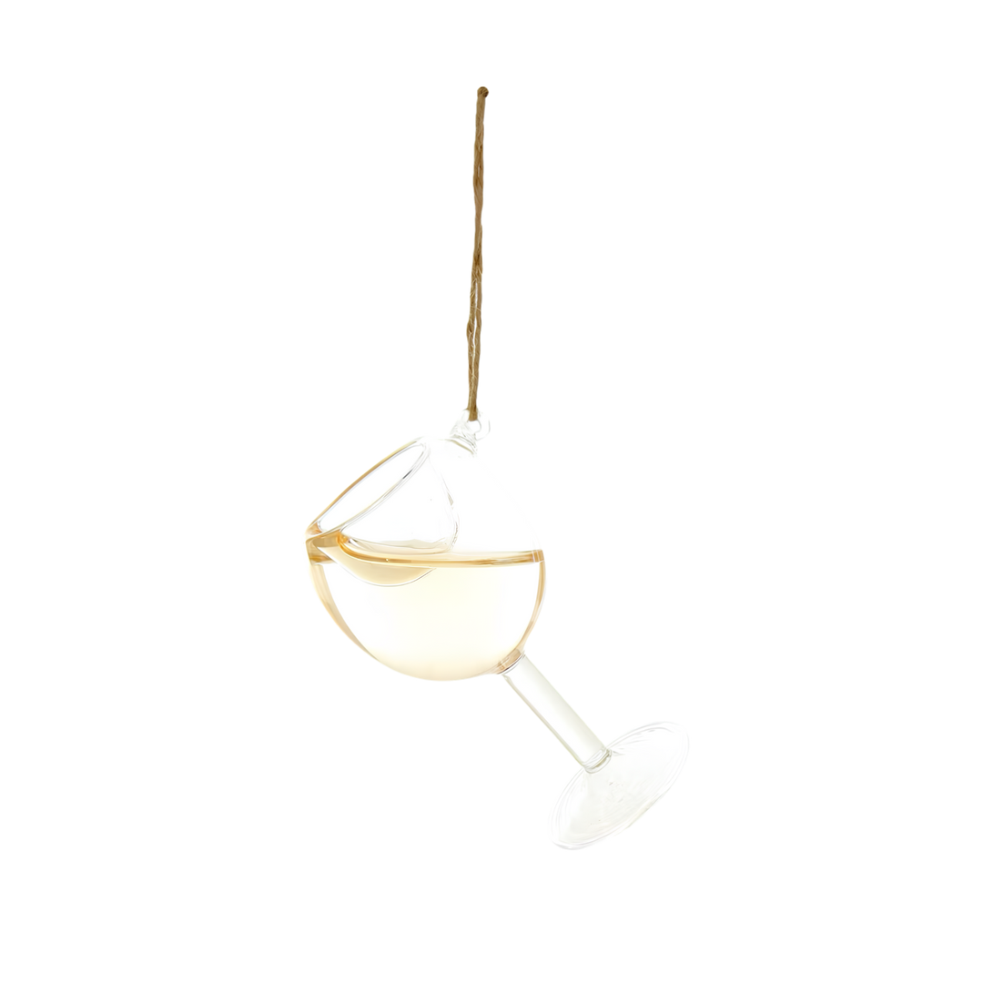 Cody Foster white wine Christmas ornament from Mood by DMJ, clear glass stemmed wine glass filled with pale gold wine and a gold cord hanger