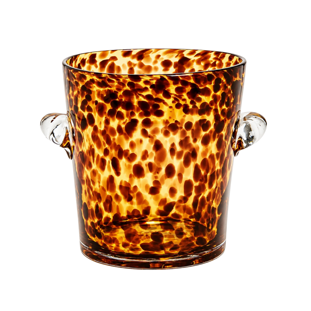 Creative Co-Op tortoise ice bucket from Mood by DMJ, amber and brown tortoiseshell glass ice bucket with clear side handles