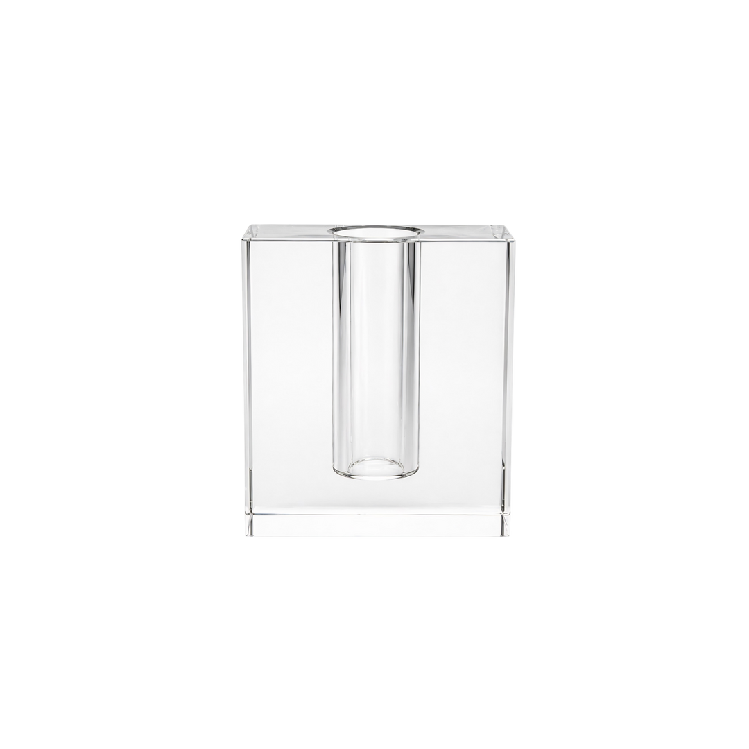 Crystal Block Bud Vase by Mood by DMJ in clear glass with cube design and single stem holder