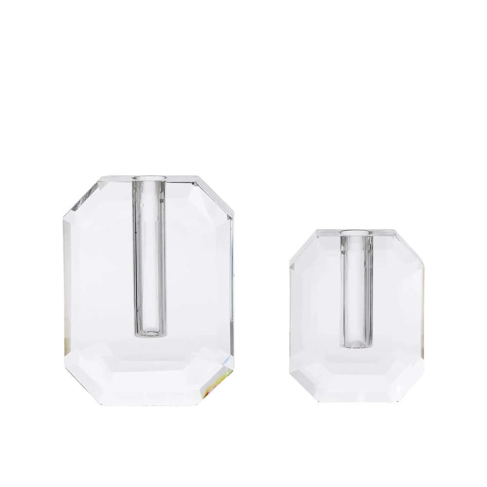 Crystal Hexagon Bud Vase Set of 2 - two clear faceted glass vases in different sizes, shown empty side by side