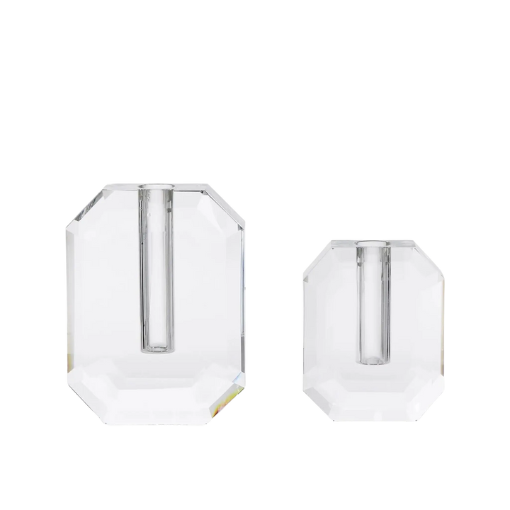 Crystal Hexagon Bud Vase Set of 2 - two clear faceted glass vases in different sizes, shown empty side by side