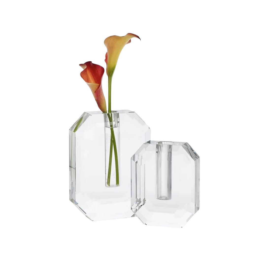 Crystal Hexagon Bud Vase Set of 2 - two clear faceted glass vases, one styled with calla lily stems