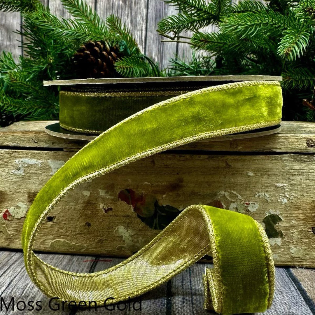 D. Stevens apple green lush velvet ribbon with metallic gold back from Mood by DMJ, 1 inch wide apple green velvet ribbon with gold backing