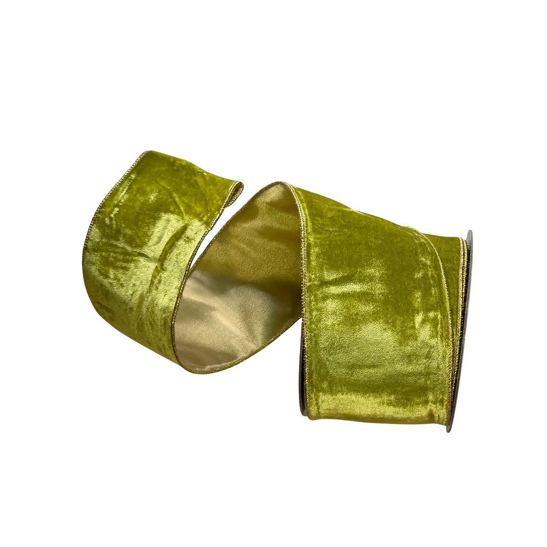 D. Stevens apple green velvet ribbon with metallic back from Mood by DMJ, 4 inch wide apple green velvet ribbon with metallic backing