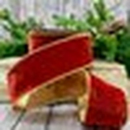 D. Stevens brick vintage French velvet ribbon with metallic back from Mood by DMJ, 4 inch wide brick red velvet ribbon with gold backing