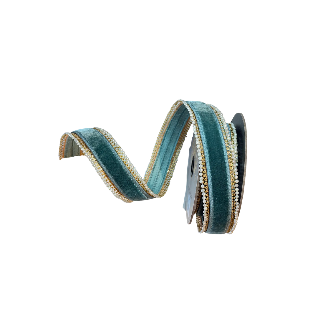 D. Stevens celadon velvet ribbon with pearl side trim from Mood by DMJ, 1.5 inch celadon velvet ribbon with pearl side trim