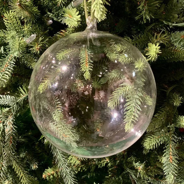 D. Stevens 120mm clear hand blown glass ball ornament from Mood by DMJ, clear glass Christmas ornament hanging on a tree
