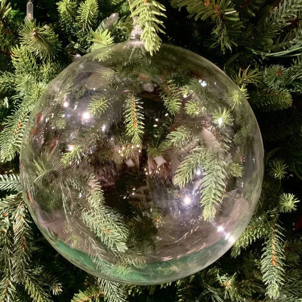 D. Stevens 150mm clear hand blown glass ball ornament from Mood by DMJ, clear glass Christmas ornament hanging on a tree