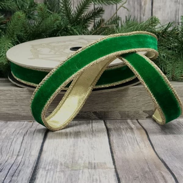 D. Stevens emerald green velvet glitter gold trim from Mood by DMJ, 1 inch wide emerald velvet ribbon with gold glitter edge