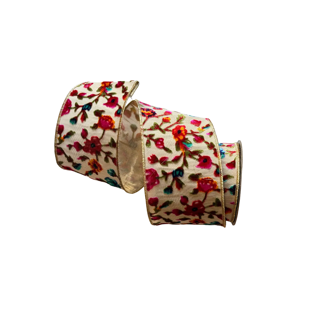 D. Stevens floral burn out velvet ribbon from Mood by DMJ, 4 inch wide floral burnout velvet ribbon in cream with red and pink flowers