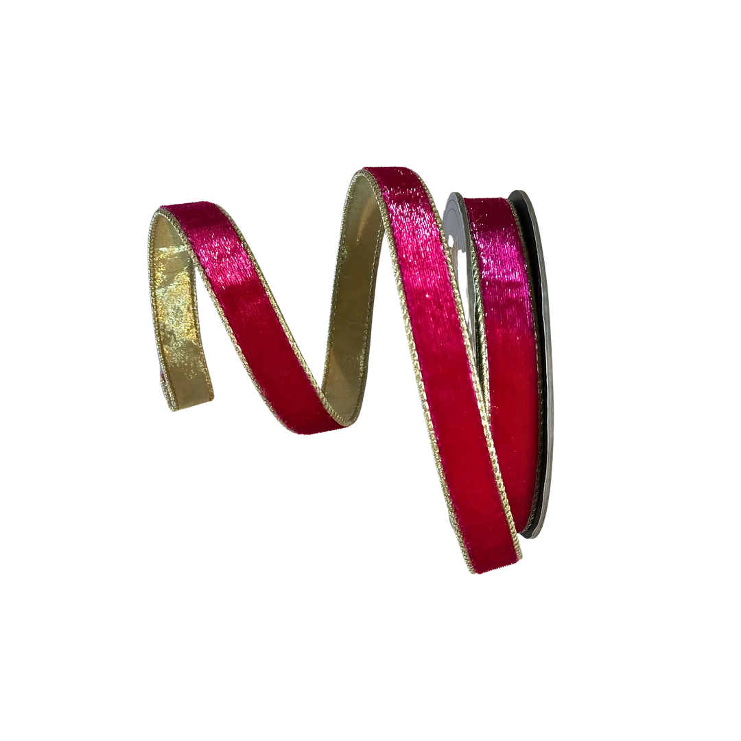 D. Stevens fuchsia iced velvet ribbon with metallic gold back from Mood by DMJ, 1 inch fuchsia iced velvet ribbon with metallic gold backing