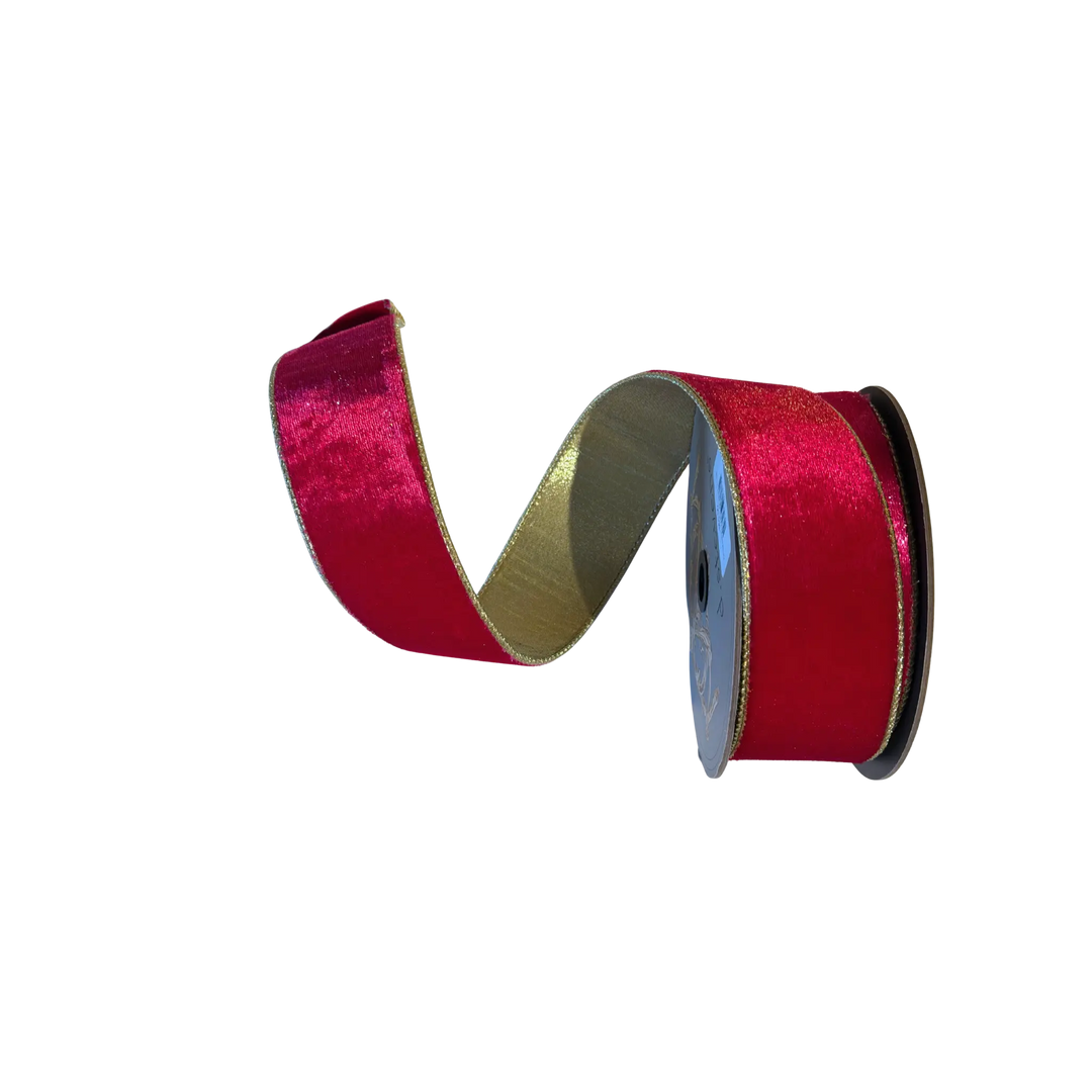 D. Stevens fuchsia iced velvet ribbon with metallic gold back from Mood by DMJ, 2.5 inch wide fuchsia iced velvet ribbon with metallic gold backing
