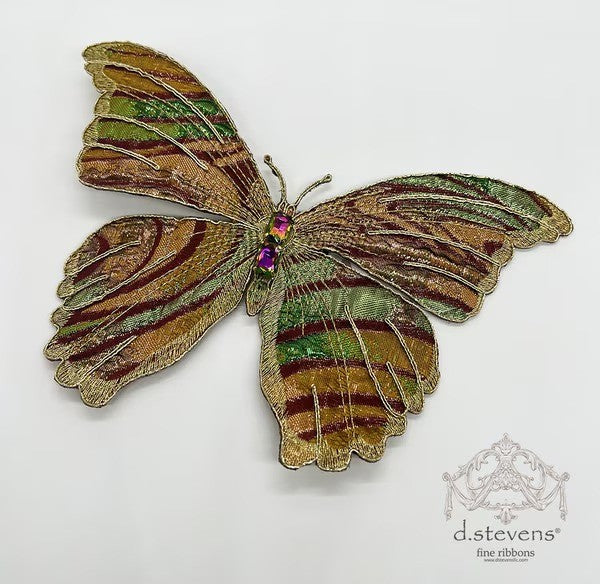 D. Stevens 9.5 inch gold, burgundy, and green metallic jacquard wave butterfly clip from Mood by DMJ, jeweled butterfly ornament for Christmas trees