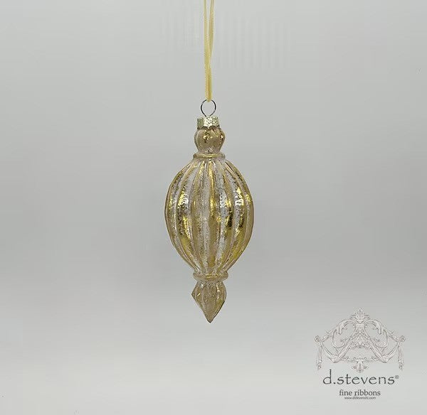 D. Stevens 6.625 inch gold whitewashed glass finial ornament from Mood by DMJ, ribbed gold glass finial Christmas ornament