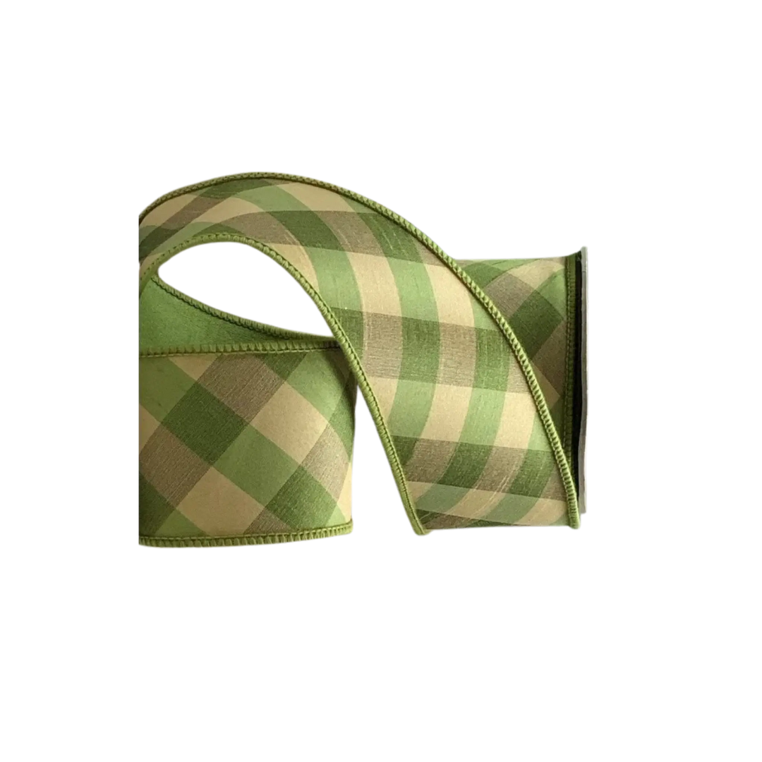 D. Stevens green and gold plaid dupioni ribbon from Mood by DMJ, 2.5 inch wide green and gold plaid dupioni ribbon