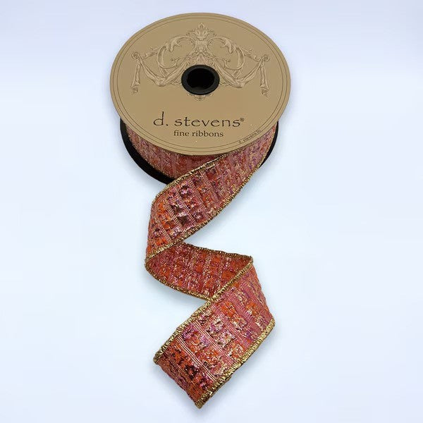 D. Stevens hot pink and orange metallic jacquard squares ribbon from Mood by DMJ, 1.5 inch wide metallic pink and orange woven ribbon