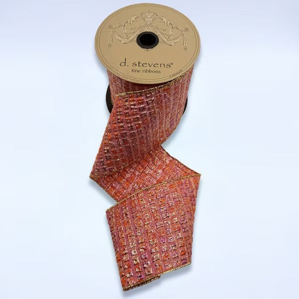 D. Stevens hot pink and orange metallic jacquard squares ribbon from Mood by DMJ, 4 inch wide metallic pink and orange woven ribbon
