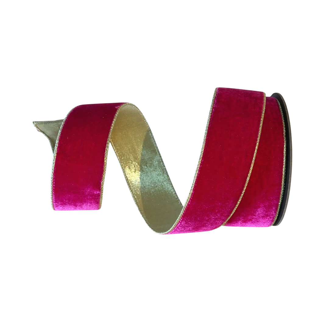 D. Stevens hot pink velvet ribbon with metallic gold back from Mood by DMJ, 2.5 inch wide hot pink velvet ribbon with metallic gold backing