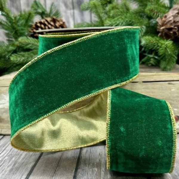 D. Stevens Kelly green vintage French velvet ribbon with metallic back from Mood by DMJ, 2.5 inch wide green velvet ribbon with gold backing