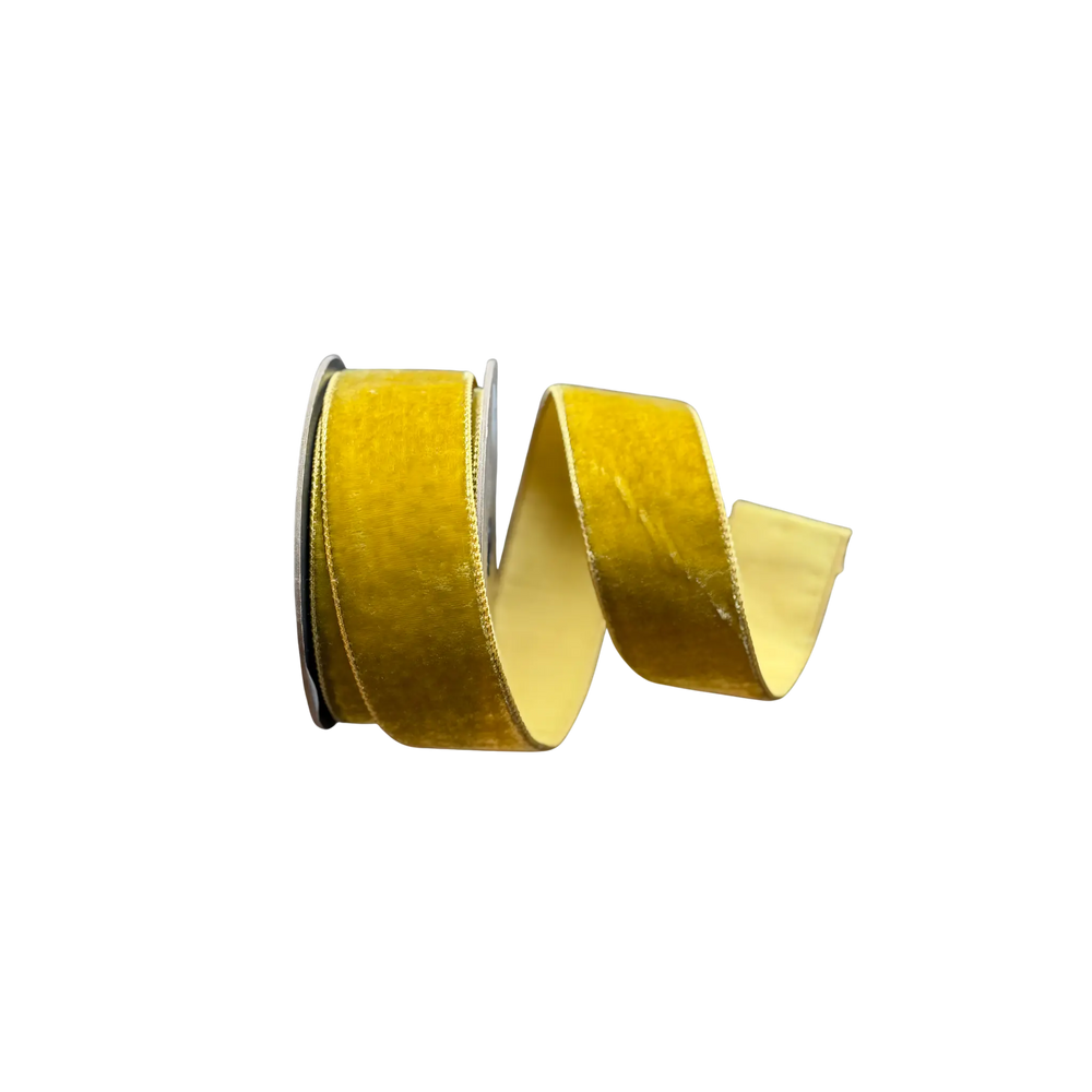 D. Stevens lemon peel velvet ribbon with dupioni backing from Mood by DMJ, 2.5 inch wide lemon yellow velvet ribbon with dupioni backing for bows and wreaths, view 2