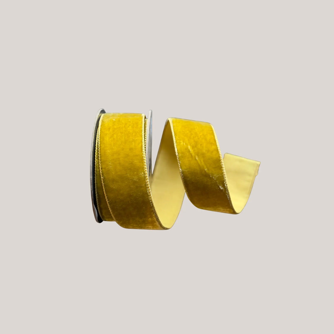 D. Stevens lemon peel velvet ribbon with dupioni backing from Mood by DMJ, 2.5 inch wide lemon yellow velvet ribbon with dupioni backing for bows and wreaths