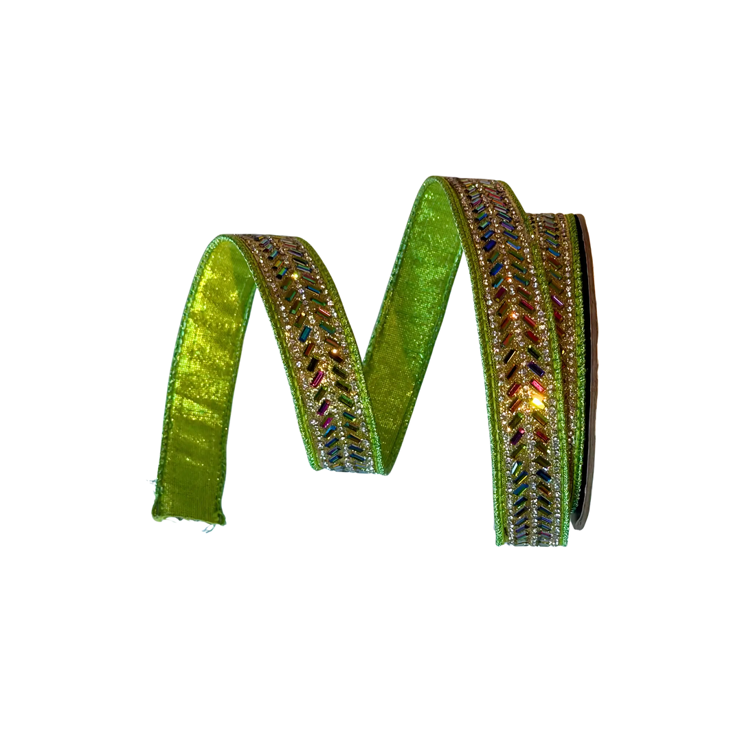 D. Stevens lime green metallic dupioni ribbon with jeweled herringbone trim from Mood by DMJ, 1 inch lime green metallic dupioni ribbon with jeweled herringbone trim