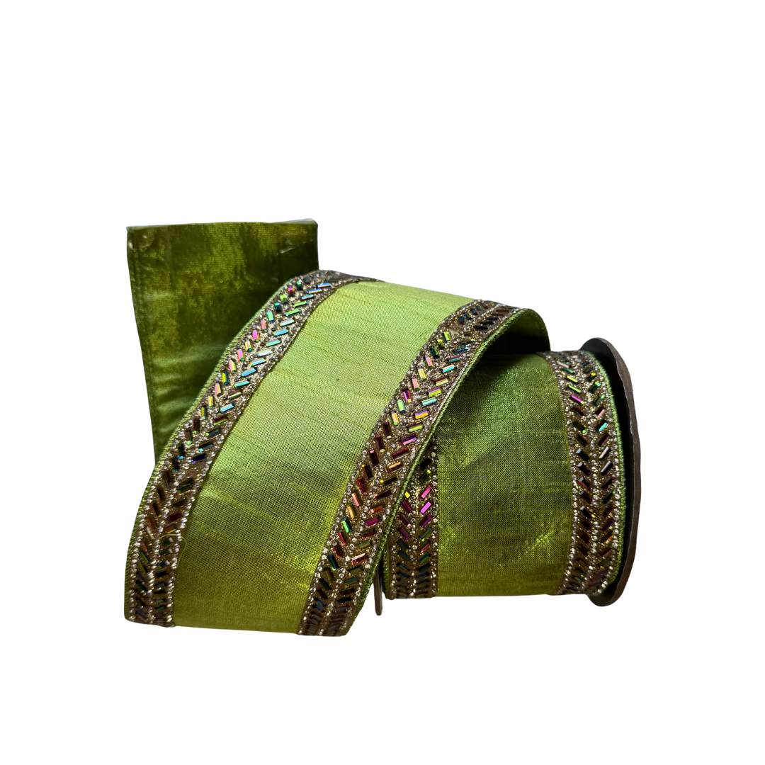 D. Stevens lime green metallic dupioni ribbon with jeweled herringbone trim from Mood by DMJ, 4 inch wide lime green metallic dupioni ribbon with jeweled herringbone trim