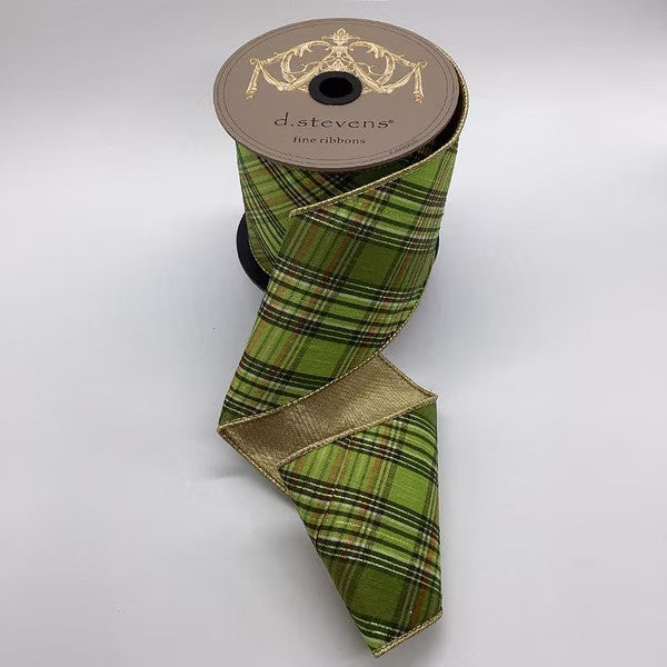 D. Stevens lime, olive, and hunter green dupion bias cut plaid ribbon from Mood by DMJ, 4 inch wide green diagonal plaid ribbon with gold backing